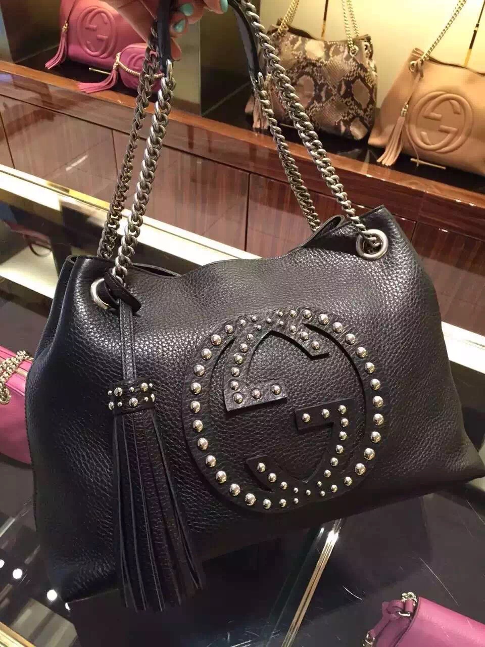 Real Gucci Soho Studded Leather Shoulder Bag 308982 Black